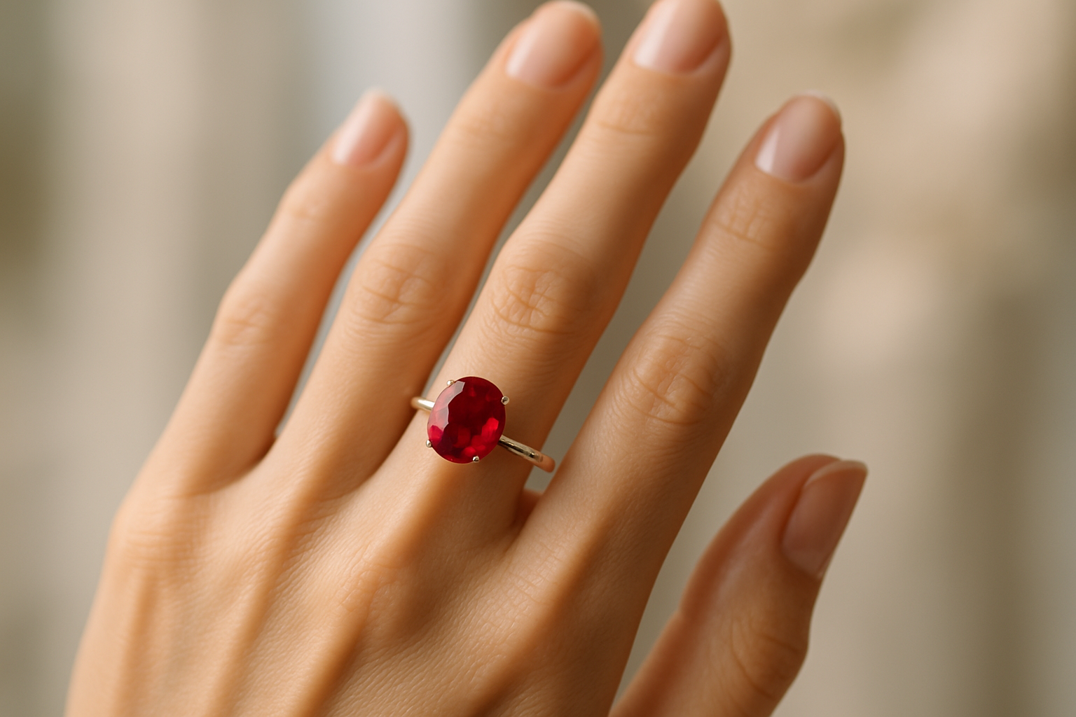 female hand with a ruby ring